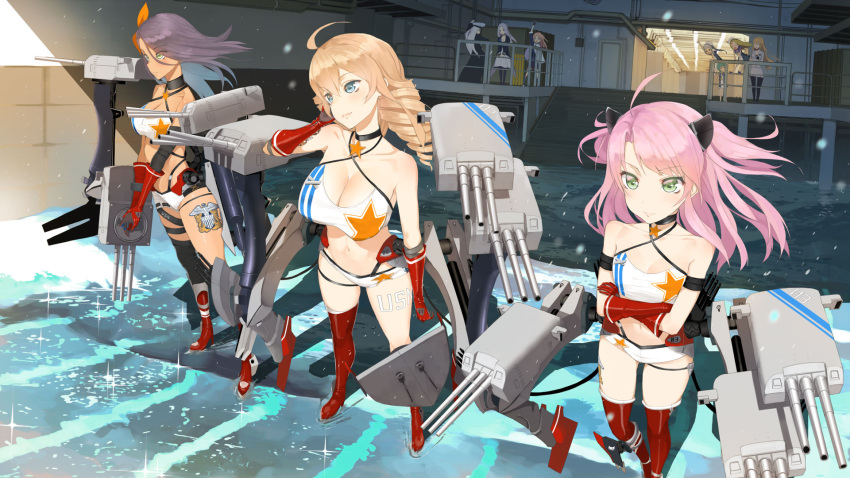 6+girls, azur_lane, bare_shoulders, beret, black_hair, black_legwear, blonde_hair, blue_eyes