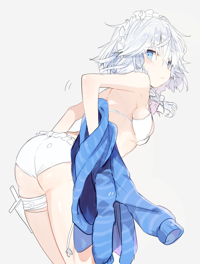 1girl, :<, ass, bangs, bare_arms, bare_shoulders, bikini, blue_eyes