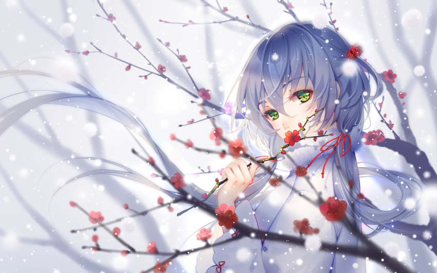 1girl, bangs, blurry, blush, depth_of_field, eyebrows_visible_through_hair, floating_hair, green_eyes