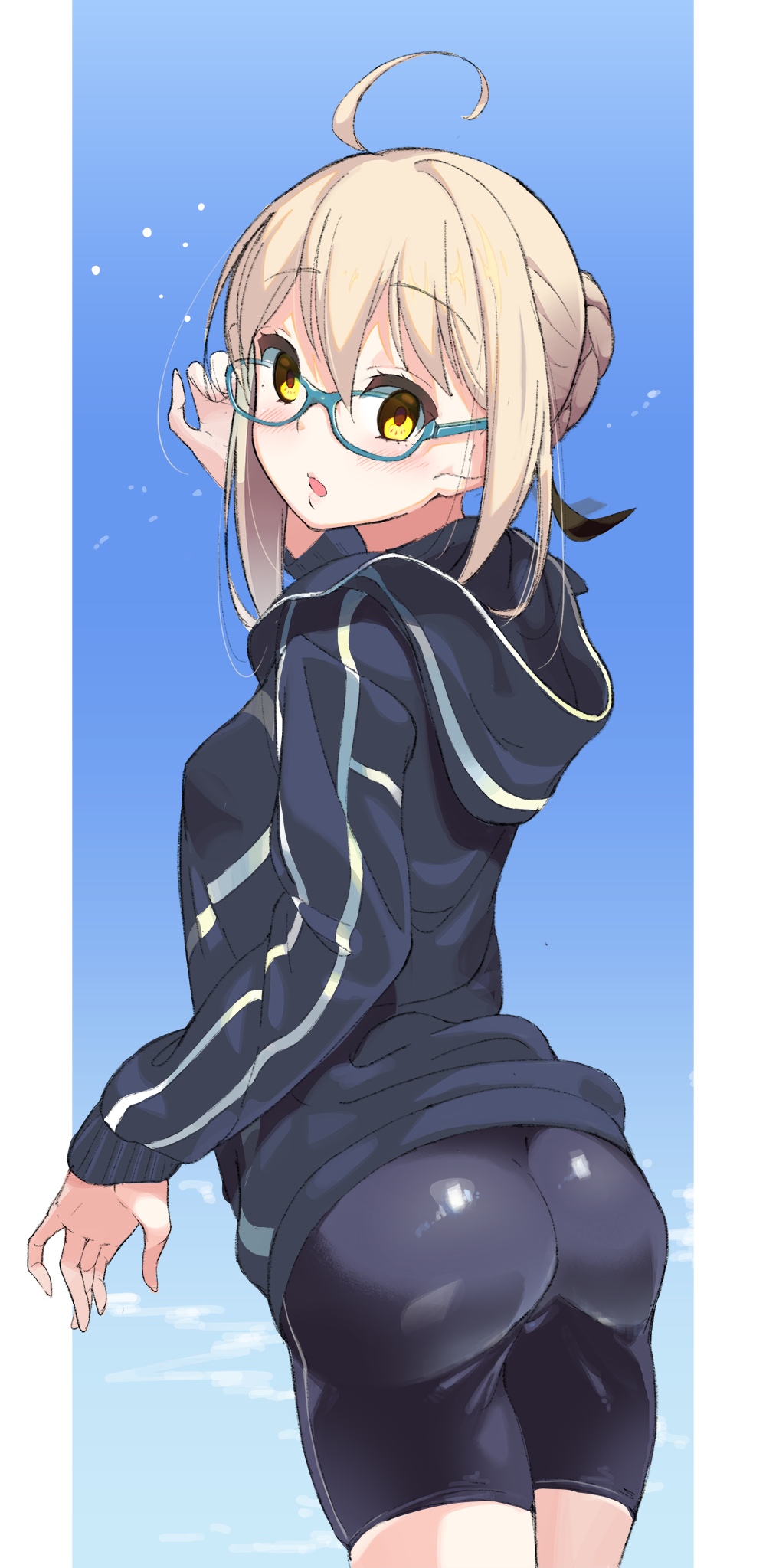 1girl, ahoge, aqua-framed_eyewear, artoria_pendragon_(all), ass, bike_shorts, black_shorts, blonde_hair, blue_background, blush, border, braid, cowboy_shot, eyebrows_visible_through_hair, fate/grand_order, fate_(series), from_behind, glasses, hair_between_eyes, highres, hood, hoodie, long_sleeves, looking_back, mysterious_heroine_x_(alter), open_mouth, outside_border, shorts, solo, standing, suppa_(hagakuresuppa), yellow_eyes