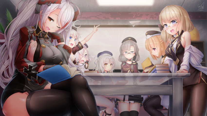 6+girls, :d, arm_up, armband, azur_lane, bangs, bare_shoulders, beret
