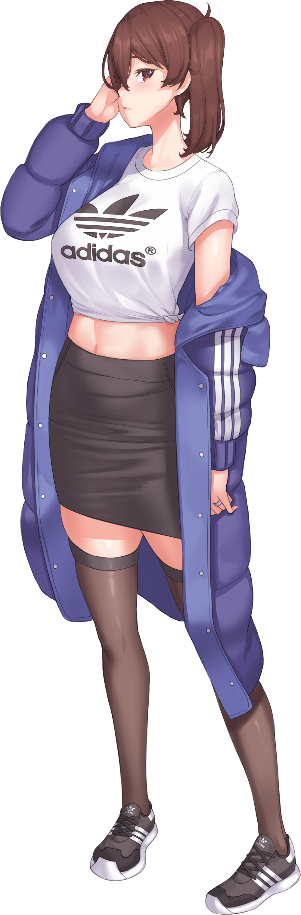 1girl, absurdres, adidas, black_legwear, black_skirt, blush, breasts, brown_eyes