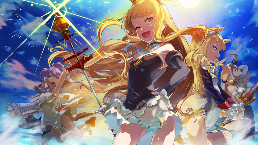 6+girls, ;d, aqua_eyes, armpits, arms_up, azur_lane, bare_shoulders, belfast_(azur_lane)