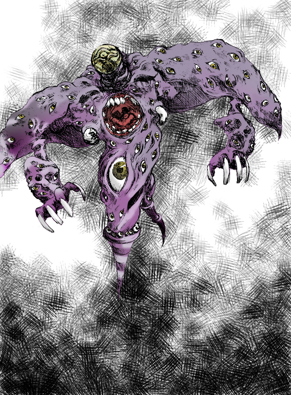 ajisai_kuro, alternate_color, big_eyes, broken_tooth, commentary_request, duel_monster, extra_eyes, graphite_(medium)