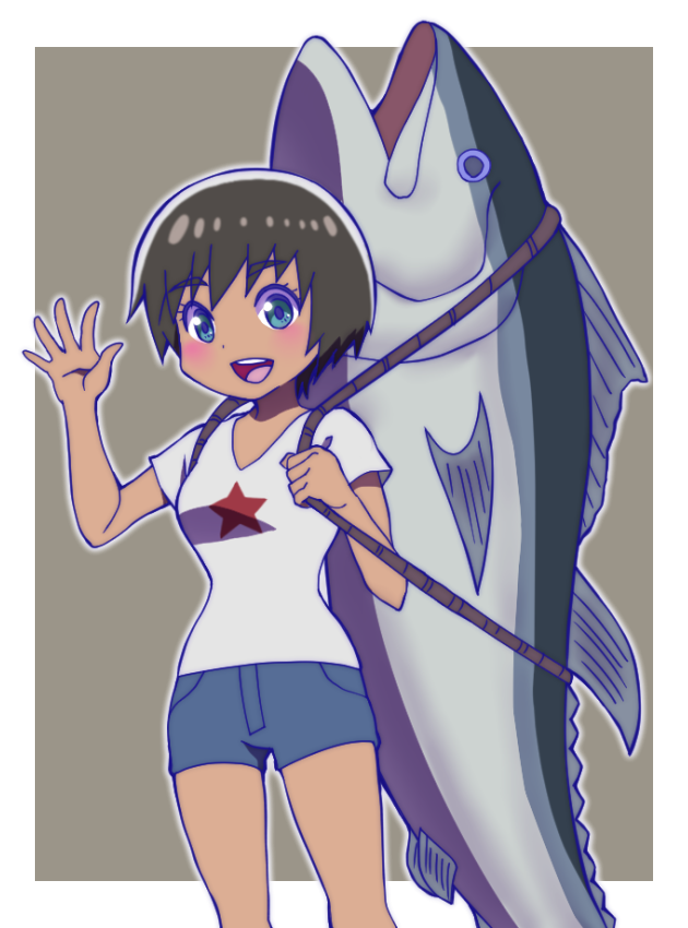 blue_eyes, blush, brown_hair, dark_skin, fish, inuyama_kinko, onomekaman, osomatsu-san, rope, shirt, short_hair, shorts, tuna