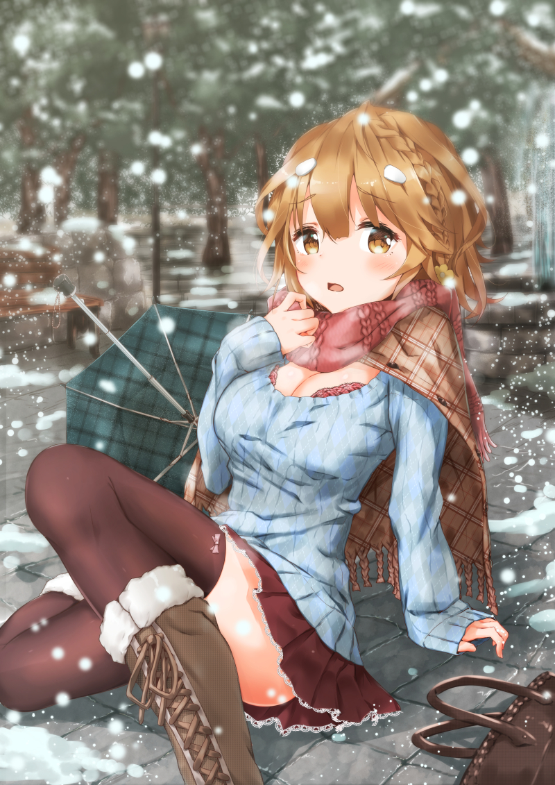 1girl, black_legwear, blush, boots, bra, braid, breasts, brown_eyes, brown_hair, cleavage, hair_ornament, koiwai_yoshino, large_breasts, looking_at_viewer, masamune-kun_no_revenge, plaid_capelet, sahara386, scraf, short_hair, snow, snowing, solo, sweater, thigh-highs, umbrella, underwear