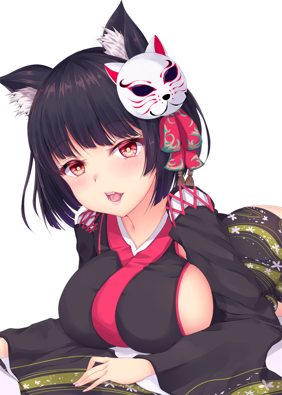 1girl, animal_ears, azur_lane, black_hair, blush, breasts, commentary_request, eyebrows_visible_through_hair