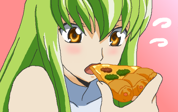 bare_shoulders, blush, c.c., cc, code_geass, eating, food, green_hair