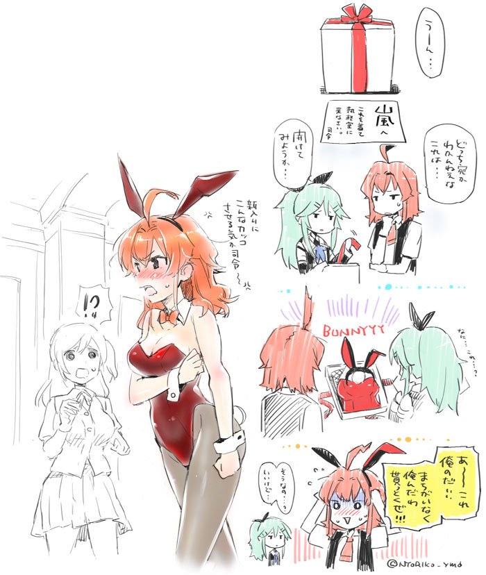 !?, 3girls, ahoge, animal_ears, arashi_(kantai_collection), blouse, blush, bow