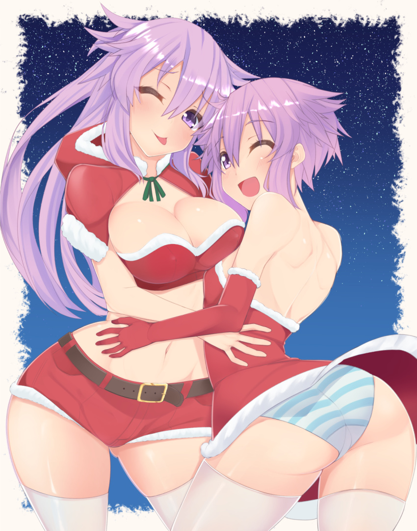 2girls, ;d, ;p, adult_neptune, ass, asymmetrical_docking, bare_shoulders, belt