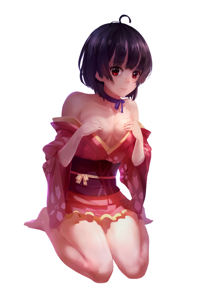 1girl, ahoge, bare_legs, barefoot, black_hair, breast_hold, breasts, collarbone