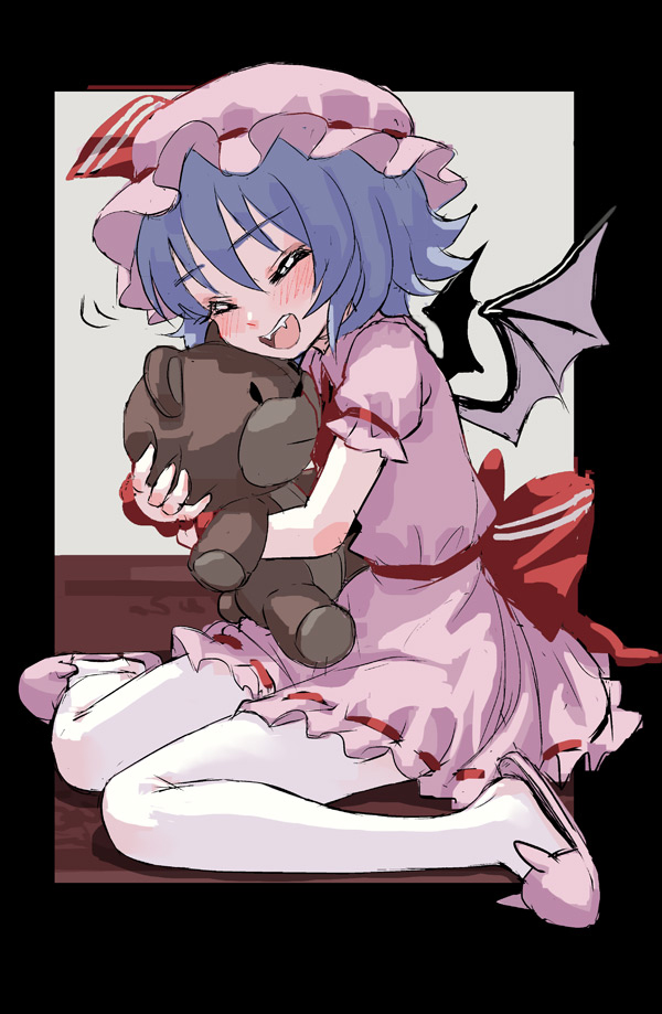 1girl, bat_wings, blue_hair, blush, closed_eyes, dress, fangs, fkey, full_body, hat, hat_ribbon, mob_cap, object_insertion, open_mouth, pantyhose, pink_dress, pink_footwear, pink_hat, red_ribbon, remilia_scarlet, ribbon, sash, short_sleeves, sitting, slippers, smile, solo, stuffed_animal, stuffed_toy, teddy_bear, touhou, wariza, wings