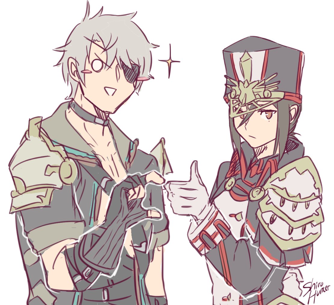 1boy, 1girl, eyepatch, gloves, hat, jacket, long_hair, meleph_(xenoblade), military, military_hat, military_uniform, pauldrons, reverse_trap, shiro_hunter, short_hair, sieg_b_goku_genbu, simple_background, smile, thumbs_up, uniform, white_background, white_gloves, xenoblade, xenoblade_2