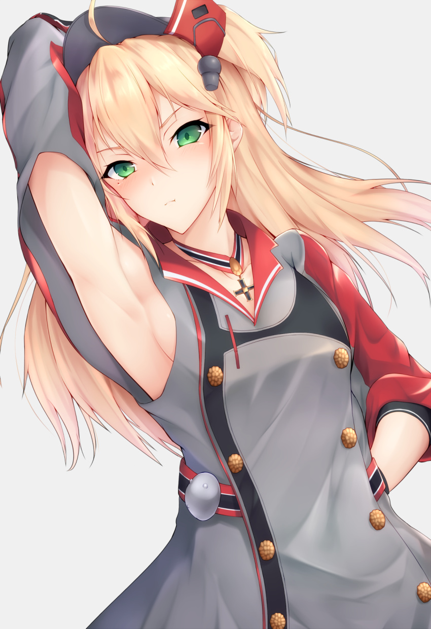 1girl, admiral_hipper_(azur_lane), ahoge, arm_up, armpit_cutout, armpits, azur_lane, bangs