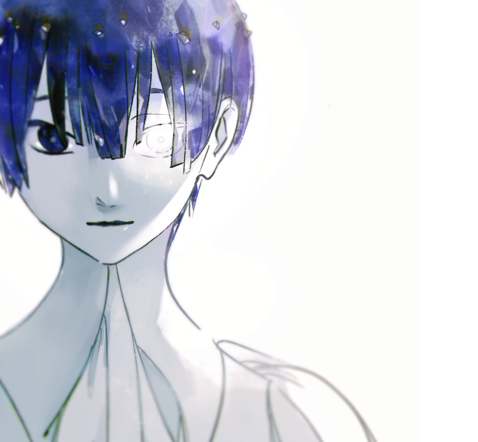 androgynous, bangs, blue_eyes, blue_hair, blunt_bangs, face, glowing, glowing_eye