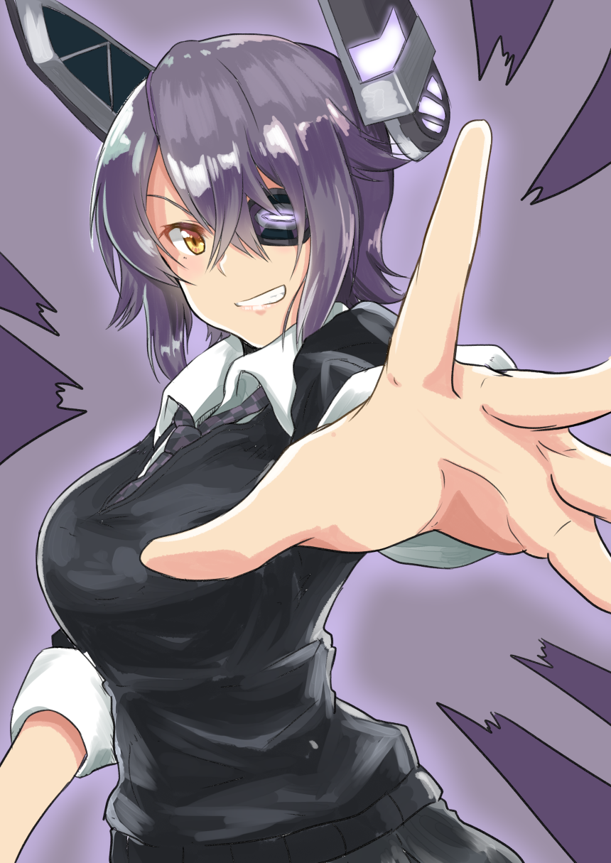 1girl, breasts, checkered_neckwear, clenched_teeth, commentary_request, eyepatch, headgear, highres, kantai_collection, ken_hayasaka, large_breasts, looking_at_viewer, mechanical_horns, necktie, outstretched_hand, purple_hair, short_hair, smirk, solo, sweater, teeth, tenryuu_(kantai_collection), yellow_eyes