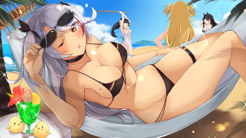1girl, admiral_hipper_(azur_lane), ahoge, alternate_costume, animal_ears, armpits, ashino, atago_(kantai_collection), azur_lane, bangs, beach, bikini, black_bikini, black_choker, black_hair, black_ribbon, blindfold, blonde_hair, blush, bokken, bow, breasts, choker, cleavage, collarbone, cup, eyebrows_visible_through_hair, eyes_visible_through_hair, eyewear_on_head, floating_hair, flower, food, fruit, german, hair_between_eyes, hair_bow, hair_ribbon, hammock, hand_up, hands_on_hips, highleg, highleg_bikini, holding, holding_eyewear, holding_weapon, iron_cross, large_breasts, leaf, lemon, lemon_slice, light_particles, long_hair, looking_at_viewer, lying, mole, mole_on_breast, multicolored_hair, multiple_girls, ocean, one-piece_swimsuit, one_eye_closed, open_mouth, outdoors, ponytail, prinz_eugen_(azur_lane), redhead, ribbon, sand, shadow, sideboob, sidelocks, silver_hair, skindentation, smile, solo, streaked_hair, sunglasses, swimsuit, sword, takao_(azur_lane), tan, thigh_strap, thighs, tree, tropical_drink, two_side_up, very_long_hair, weapon, white_bikini, white_swimsuit, wooden_sword