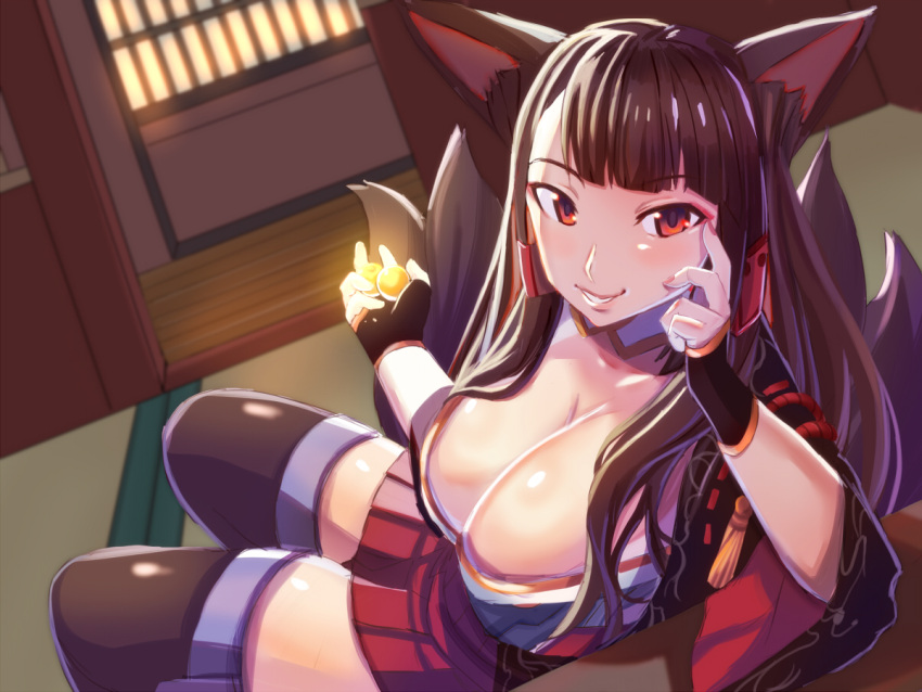 1girl, akagi_(azur_lane), animal_ears, azur_lane, black_legwear, breasts, cleavage, fox_ears, fox_tail, hima_hijiki, japanese_clothes, large_breasts, looking_at_viewer, multiple_tails, red_eyes, red_skirt, sitting, skirt, smile, solo, tail, thigh-highs