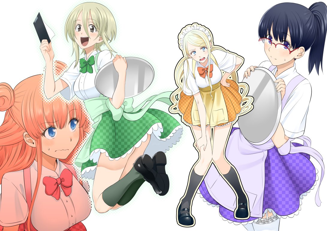4girls, apron, black_legwear, blonde_hair, blue_eyes, bow, bowtie, double_bun
