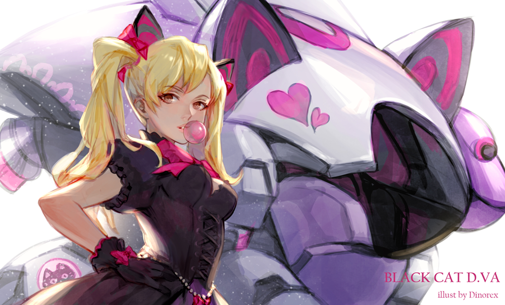 1girl, alternate_costume, alternate_hairstyle, animal_ears, animal_print, artist_name, beads, black_cat_d.va, black_dress, black_gloves, blonde_hair, bow, bowtie, breasts, brown_eyes, bubble_blowing, cat_ears, cat_print, character_name, chewing_gum, cleavage, corset, d.va_(overwatch), dino_(trexsilence), dress, emblem, fake_animal_ears, gloves, gothic_lolita, hair_bow, hand_on_hip, heart, lolita_fashion, looking_at_viewer, mecha, medium_breasts, medium_hair, meka_(overwatch), no_bracelet, no_earrings, overwatch, pink_bow, pink_lips, puffy_short_sleeves, puffy_sleeves, short_sleeves, signature, solo, twintails, upper_body