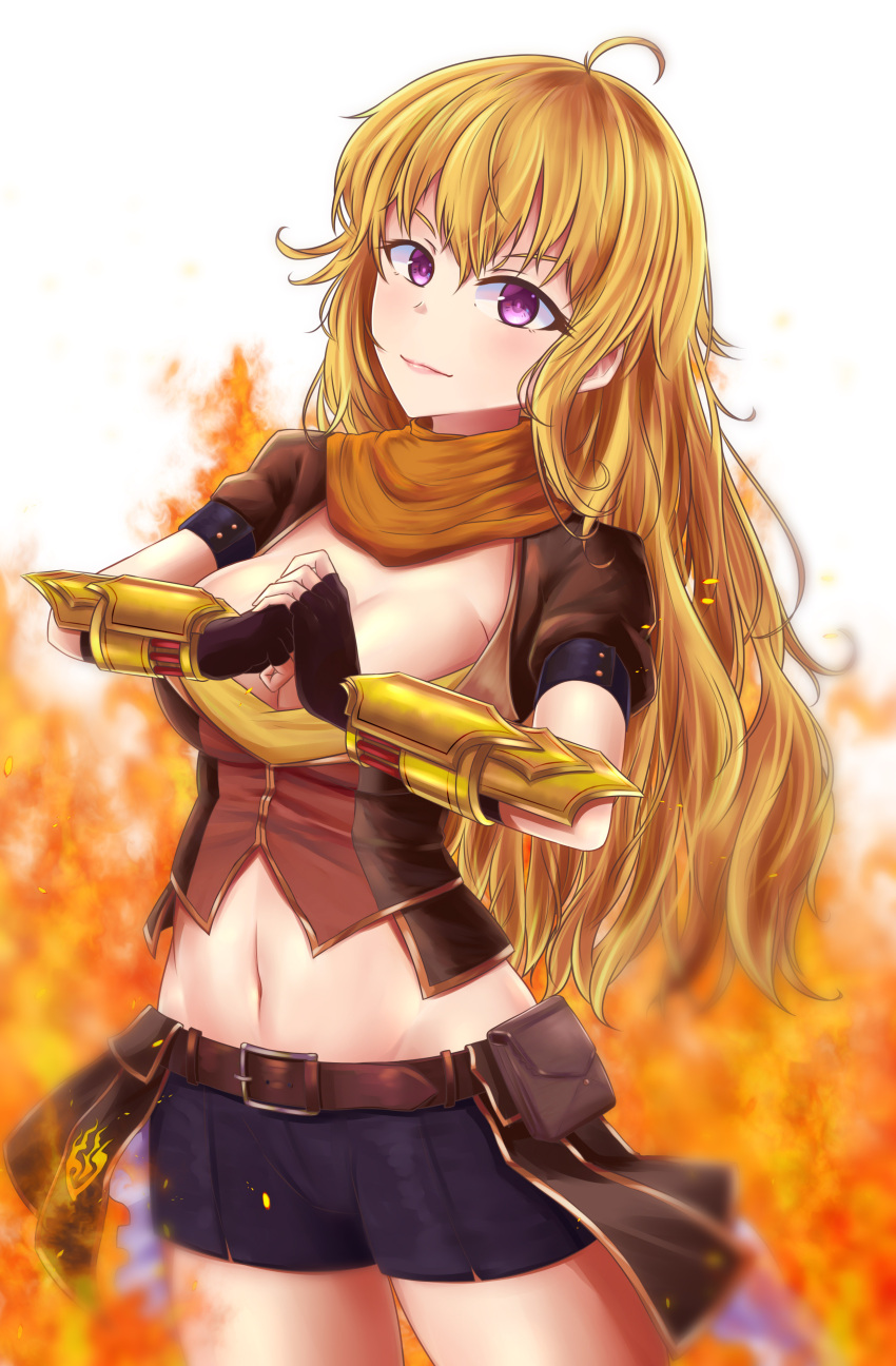 1girl, absurdres, ahoge, belt, black_gloves, black_shorts, blonde_hair, breasts