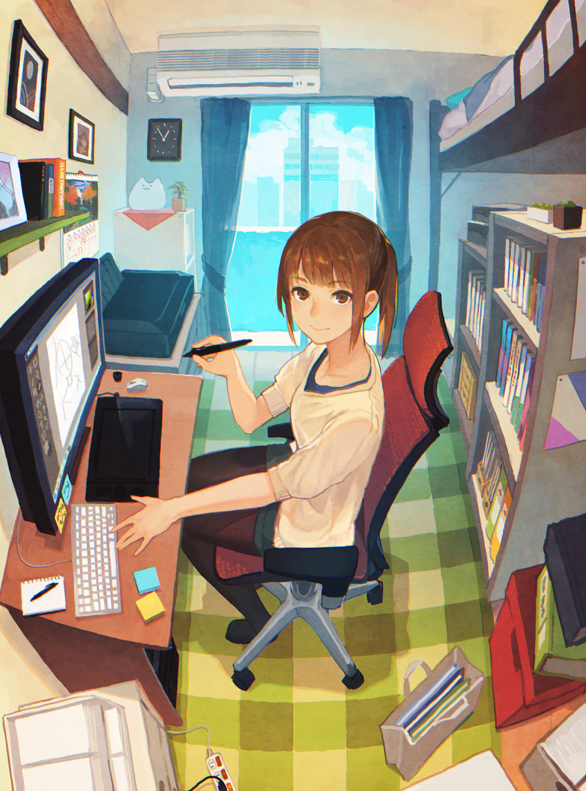 1girl, air_conditioner, bag, bed, book, bookshelf, brown_eyes, brown_hair
