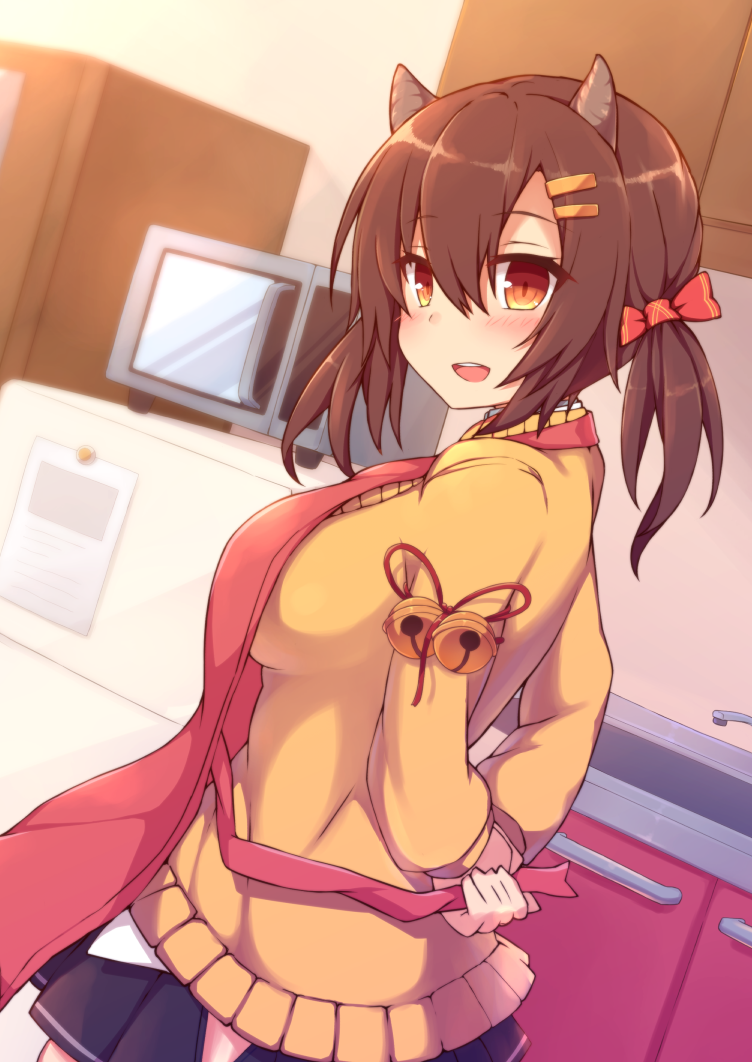 1girl, :d, abekawa_mochi, animal_ears, azur_lane, bangs, bell, black_skirt