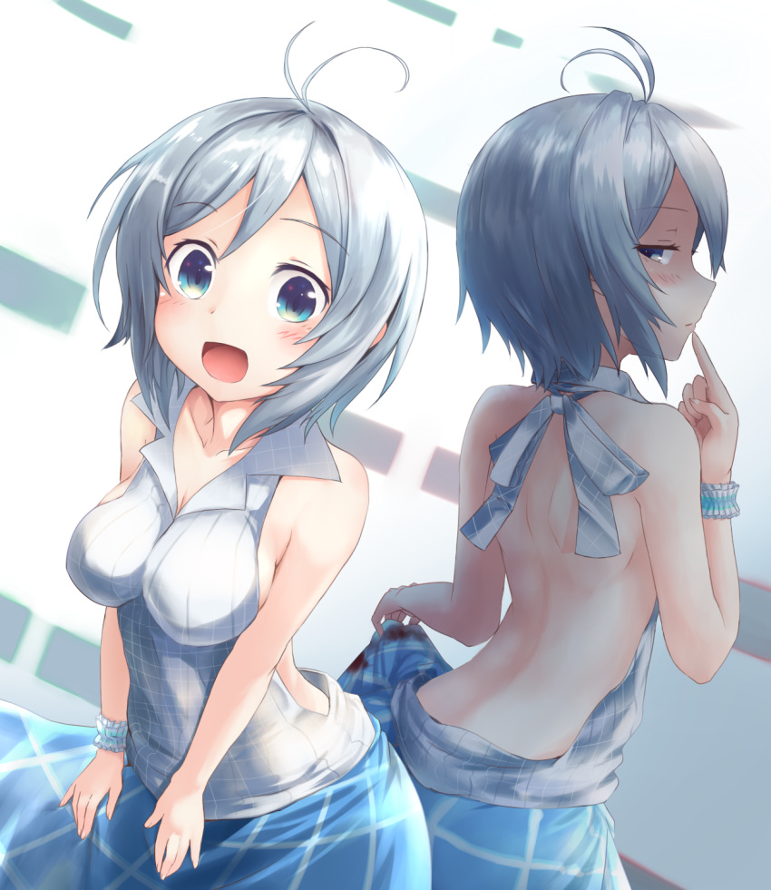 1girl, antenna_hair, back, backless_outfit, bare_back, bare_shoulders, blue_eyes, blue_skirt