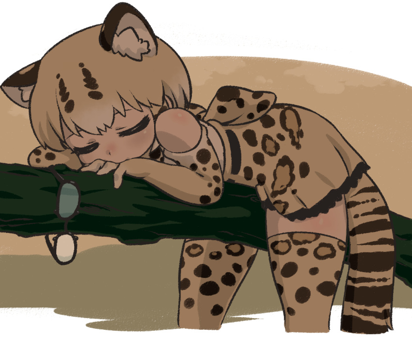 animal_ears, bare_shoulders, branch, cat_ears, cat_tail, closed_eyes, eyewear_removed, glasses