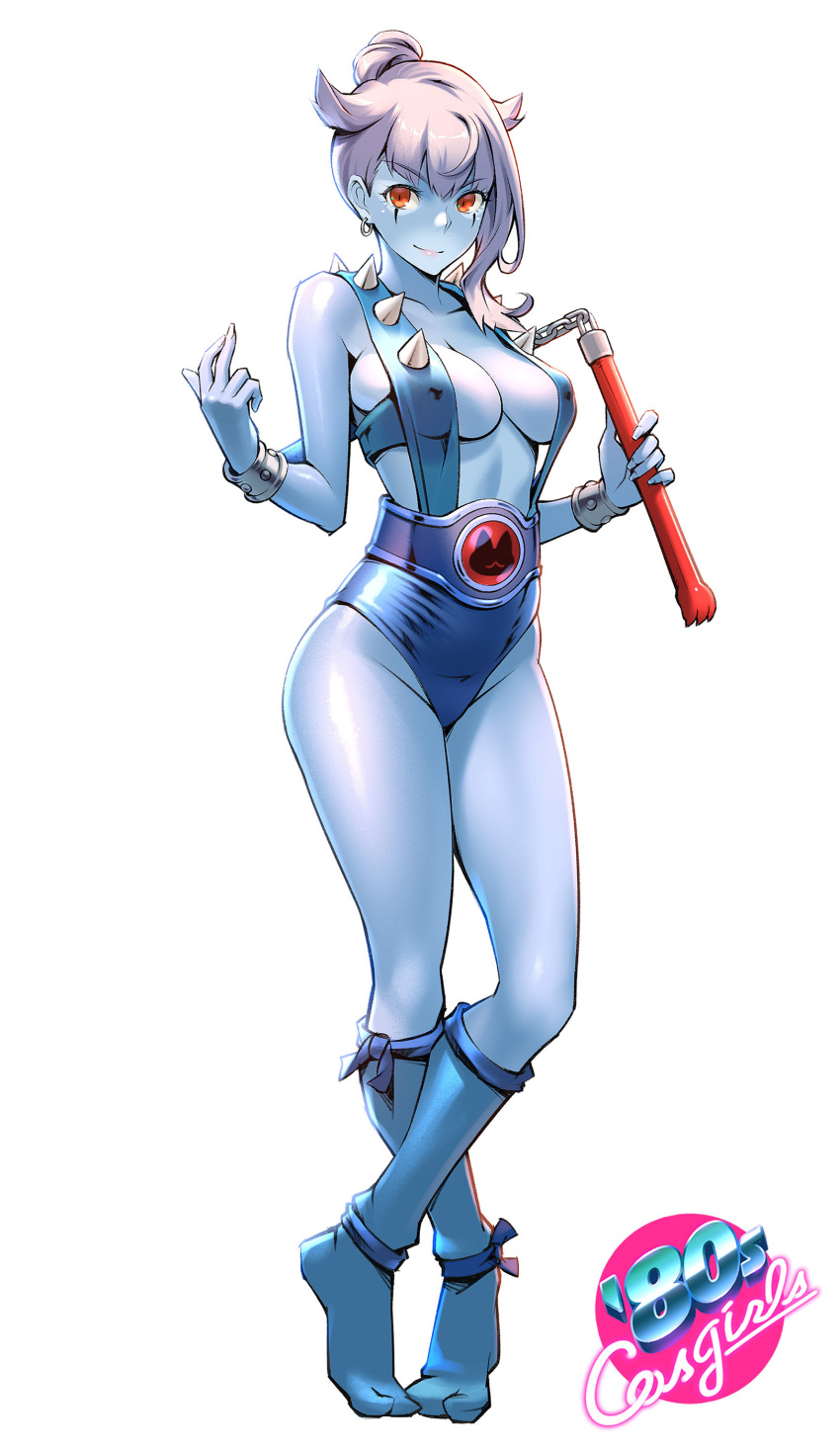 1girl, 80s, absurdres, blue_skin, breasts, cleavage, earrings, full_body