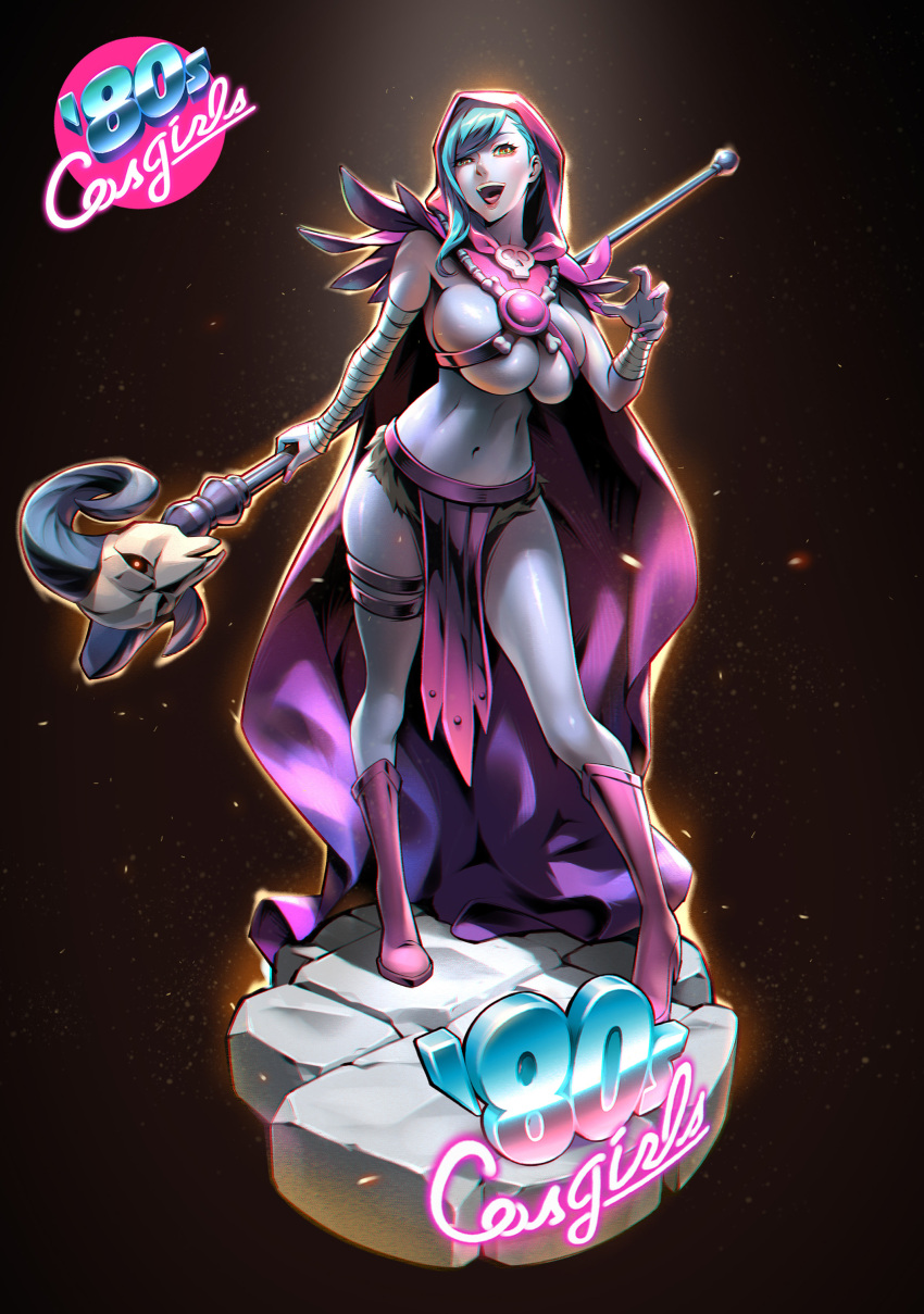 1girl, 80s, absurdres, black_background, blue_hair, boots, breasts, cloak