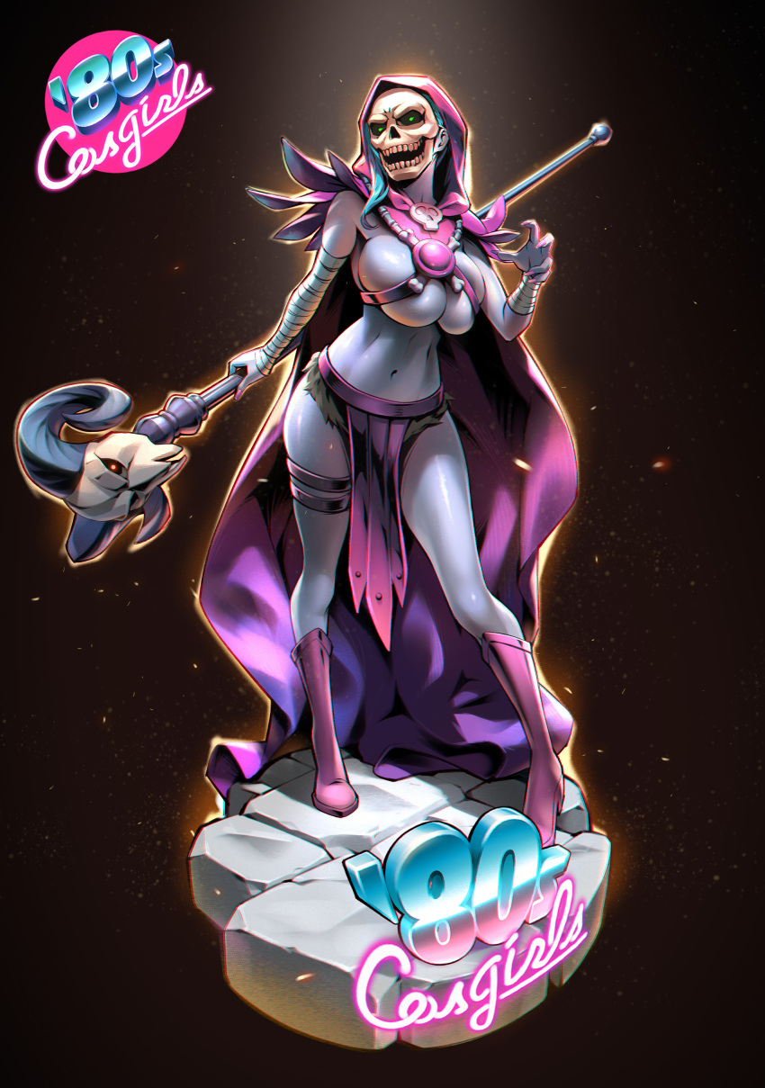 1girl, 80s, absurdres, black_background, blue_hair, boots, breasts, cloak