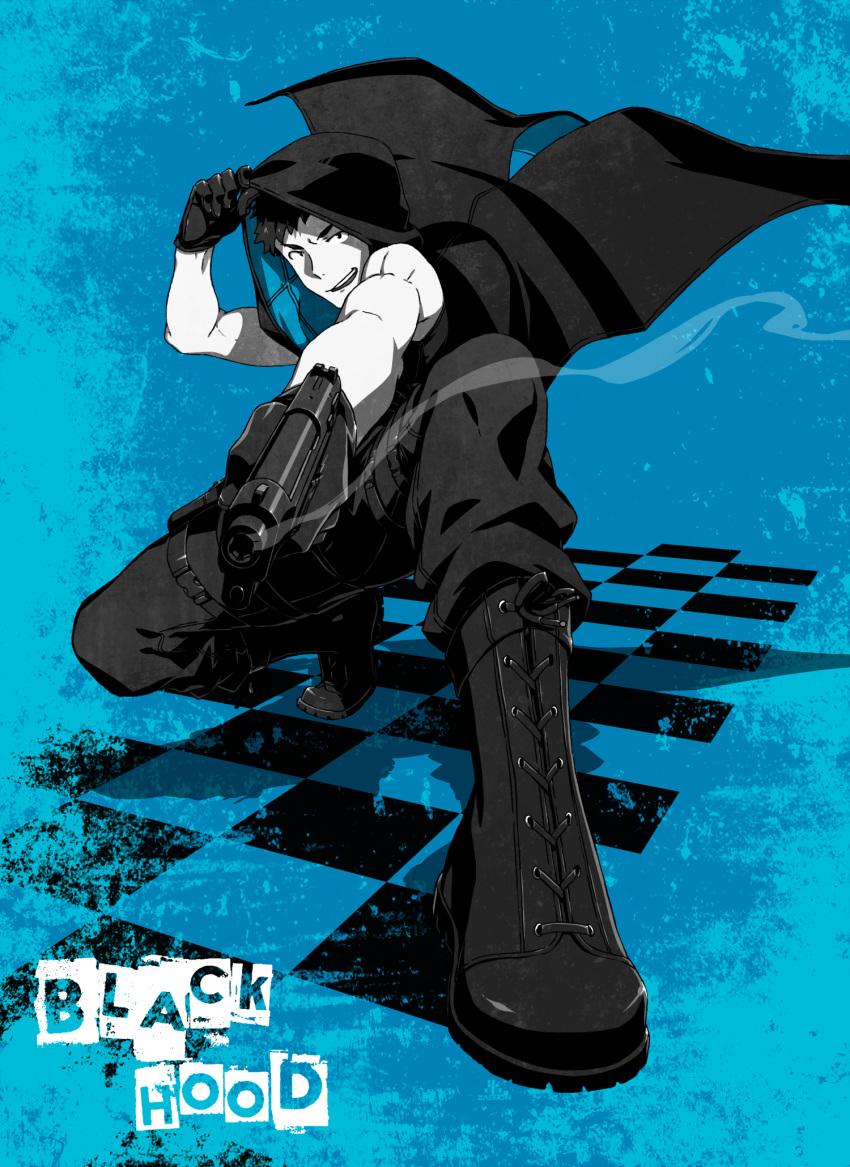1boy, black_gloves, boots, checkered, checkered_floor, duo_chromatic, gloves, graphite_(medium)
