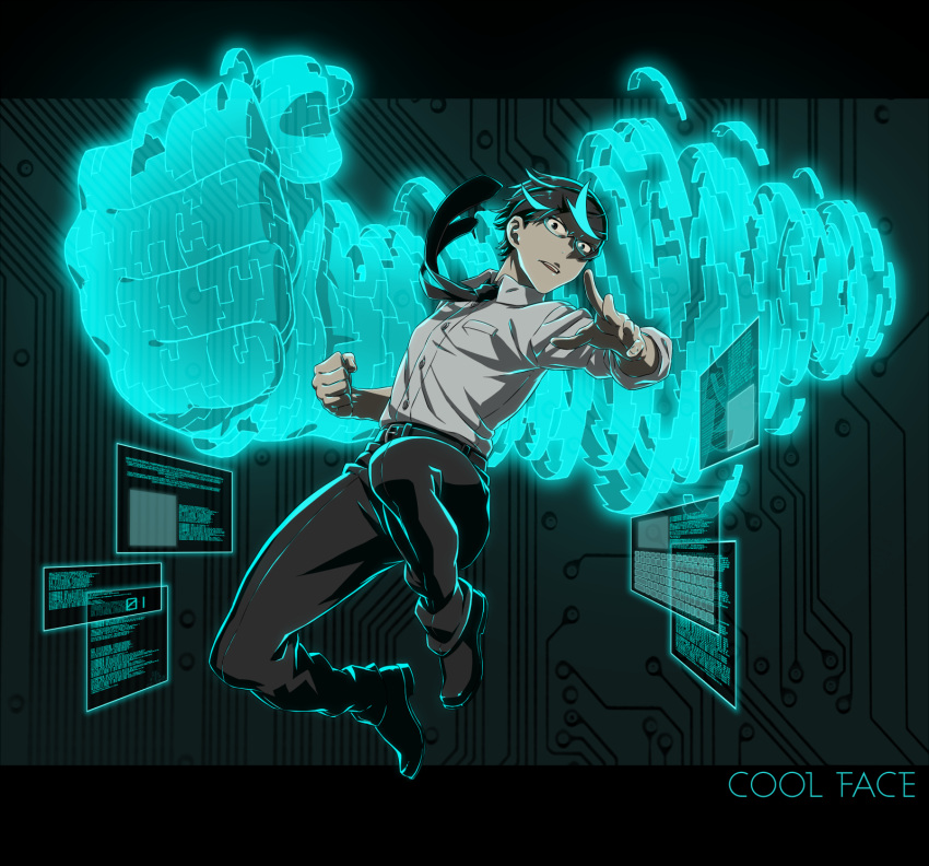 1boy, belt, black_neckwear, character_name, clenched_hand, cool_face_(kamezaemon), dress_shirt, glasses