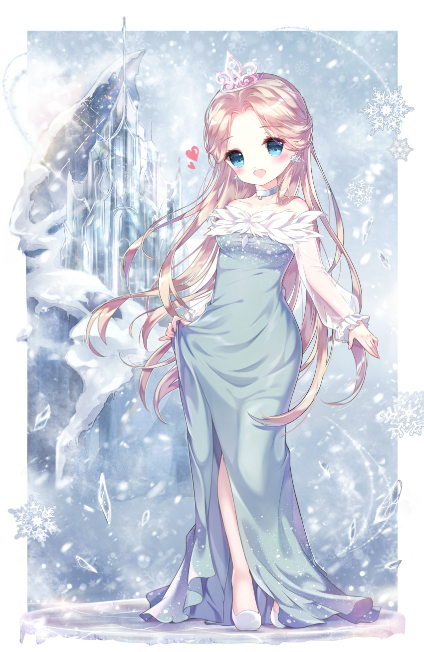 1girl, :d, absurdres, bangs, blonde_hair, blue_dress, blue_eyes, blush