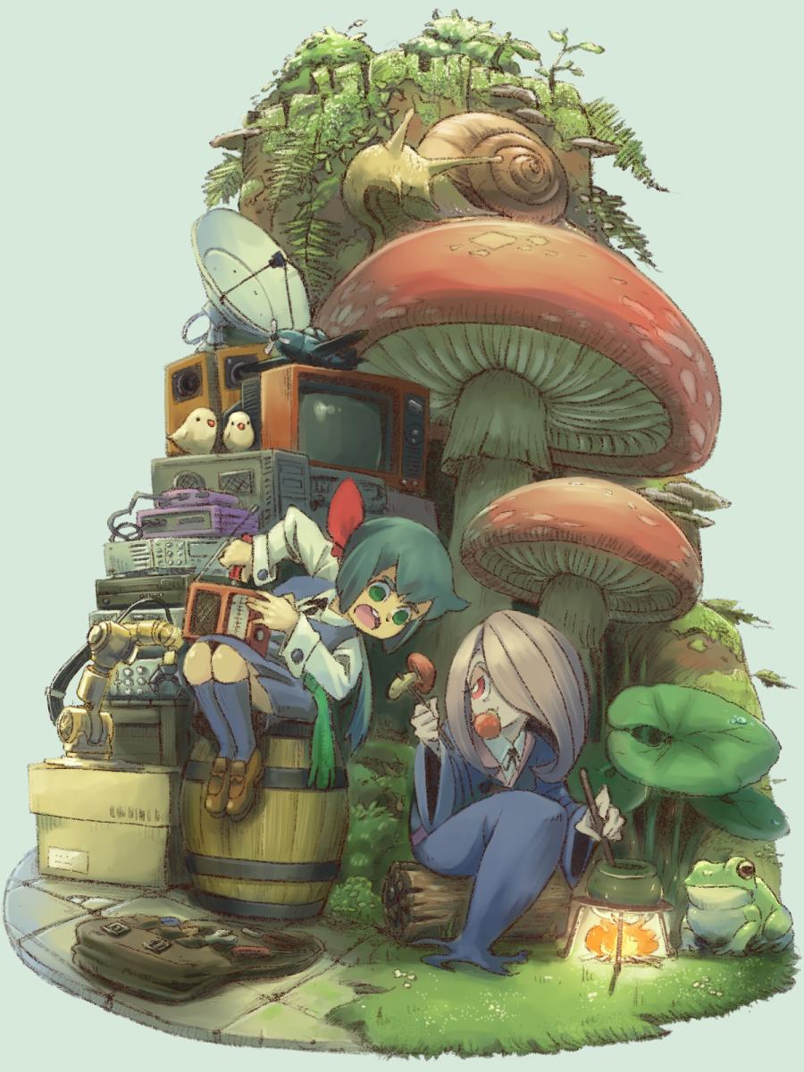 2girls, barrel, bird, cauldron, constanze_amalie_von_braunschbank-albrechtsberger, cooking, eating, ebi_typer