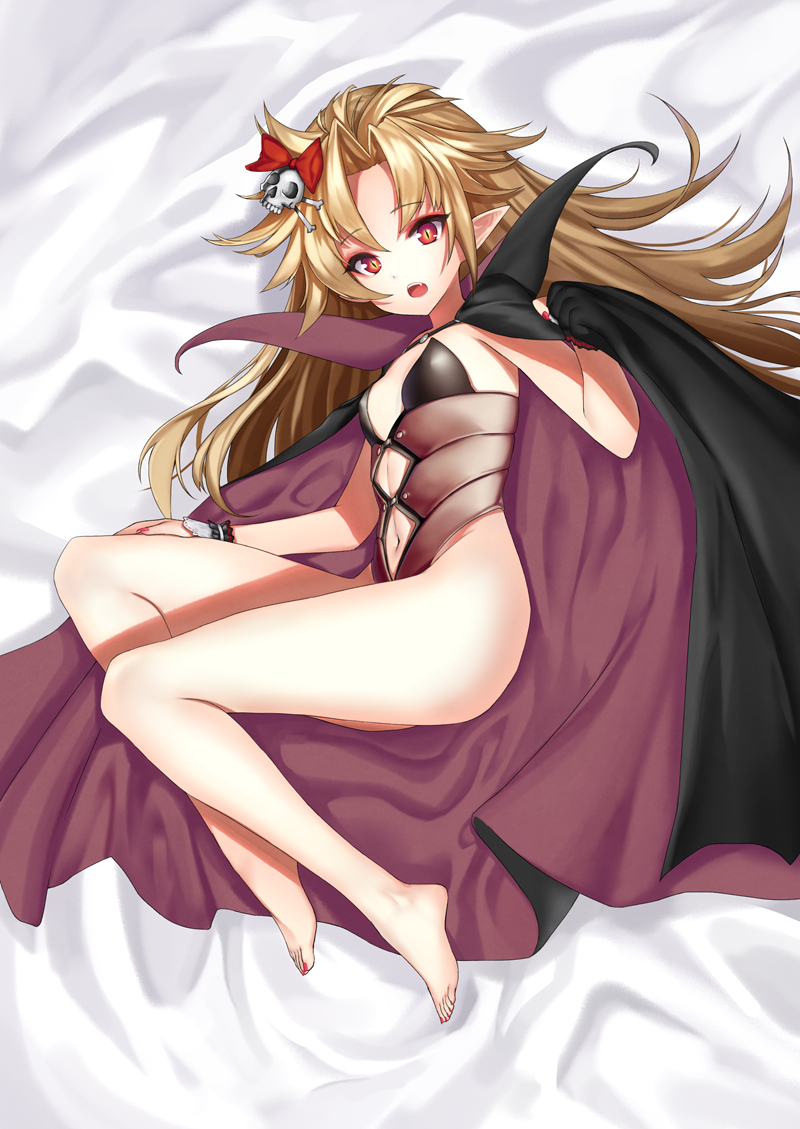 1girl, bangs, bare_legs, barefoot, bed_sheet, black_cape, bow, brown_swimsuit