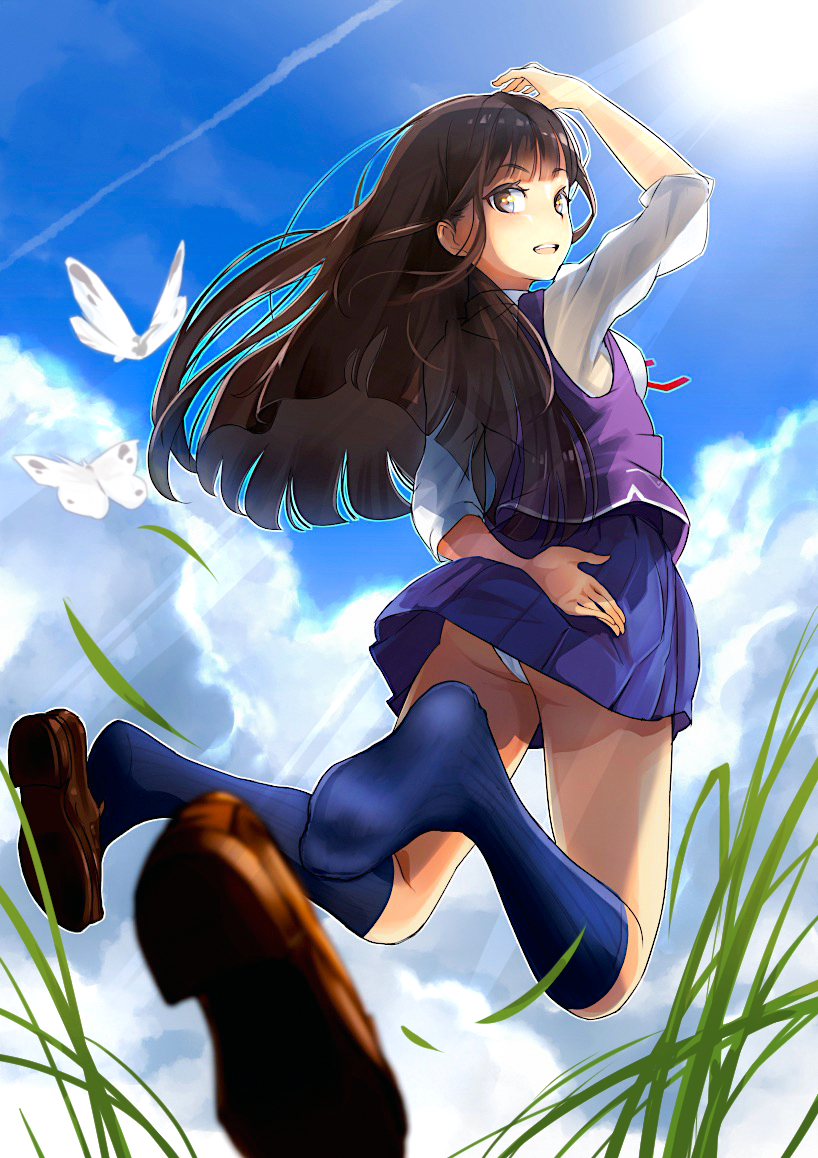 1girl, :d, arm_behind_head, ass, back, black_legwear, blue_sky, breasts