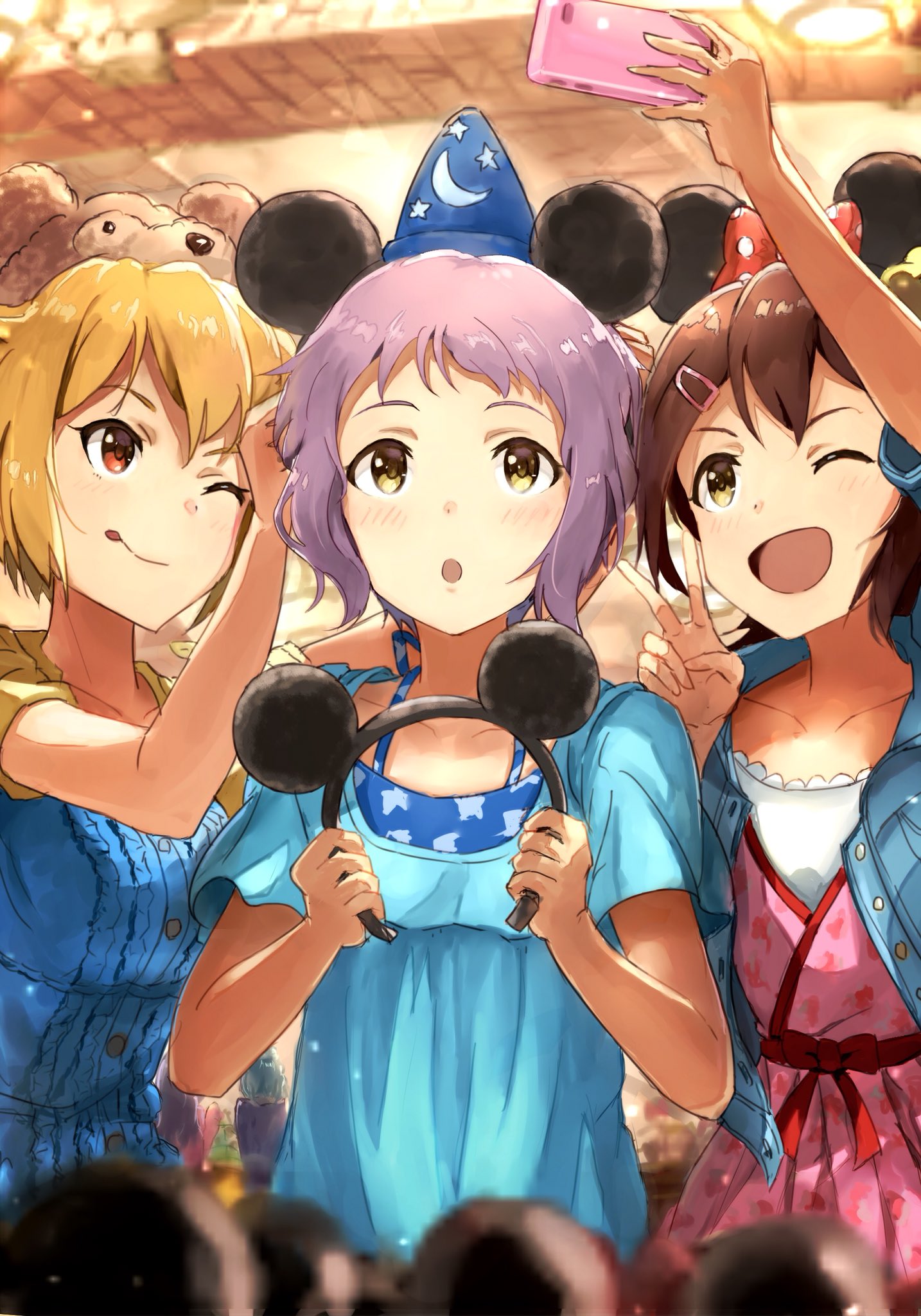 3girls, ahoge, animal_ears, blonde_hair, brown_eyes, brown_hair, cellphone, disney