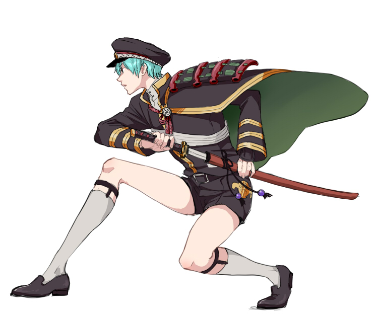 1boy, aqua_hair, armor, cape, cosplay, dkb_66, fighting_stance, hat