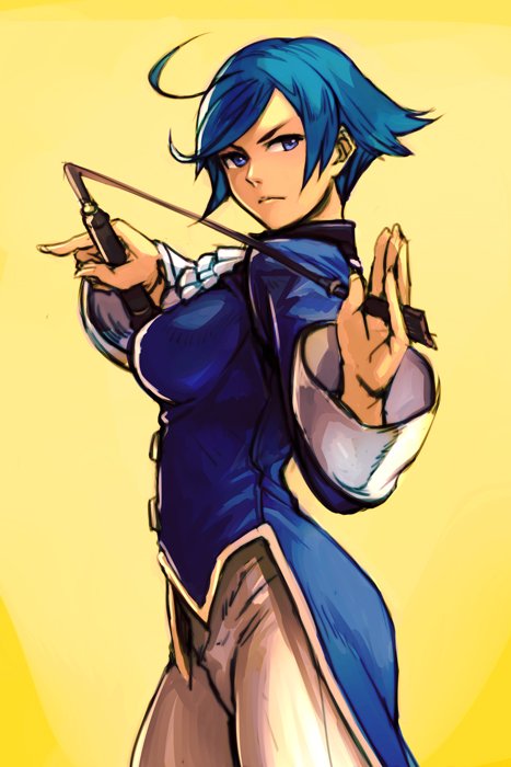 1girl, ahoge, blue_coat, blue_eyes, blue_hair, breasts, closed_mouth, commentary_request, contrapposto, copyright_request, cowboy_shot, cravat, elisabeth_blanctorche, fingernails, hands_up, hankuri, holding, large_breasts, looking_at_viewer, looking_to_the_side, pants, serious, short_hair, solo, standing, whip, white_neckwear, white_pants, yellow_background