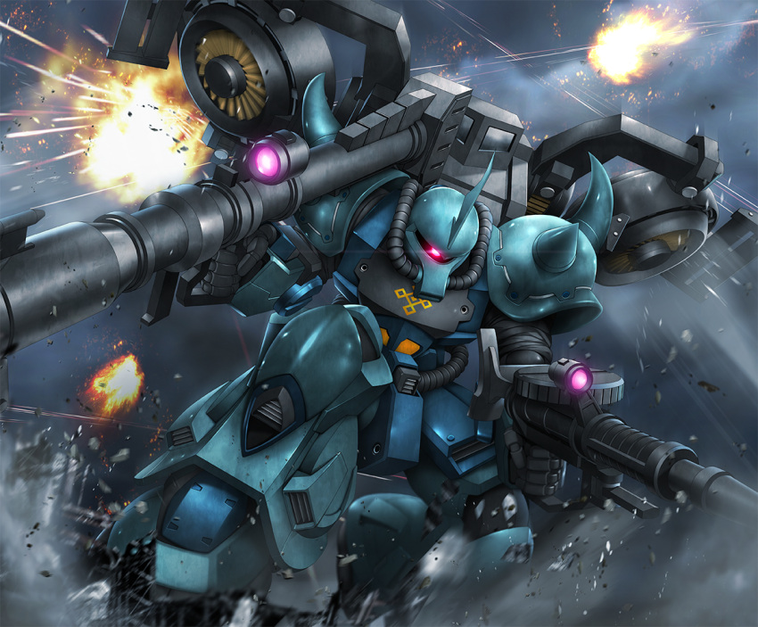 debris, flak, glowing, glowing_eye, gouf, gundam, gundam_thunderbolt, holding