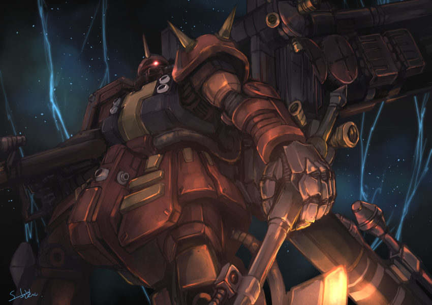 deadspike_nine, glowing, glowing_eye, gundam, gundam_thunderbolt, highres, holding_axe, mecha