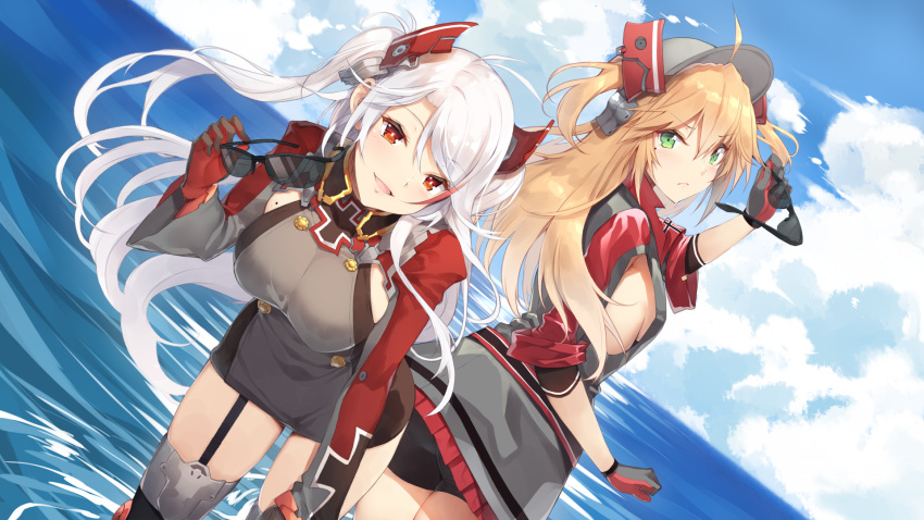2girls, :d, admiral_hipper_(azur_lane), ahoge, antenna_hair, ass, azur_lane, bangs