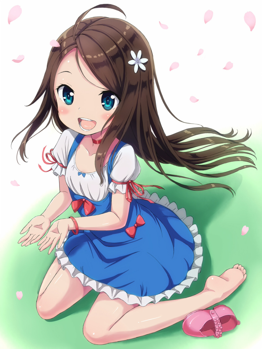 1girl, :d, ahoge, bangs, barefoot, blue_dress, blue_eyes, blush