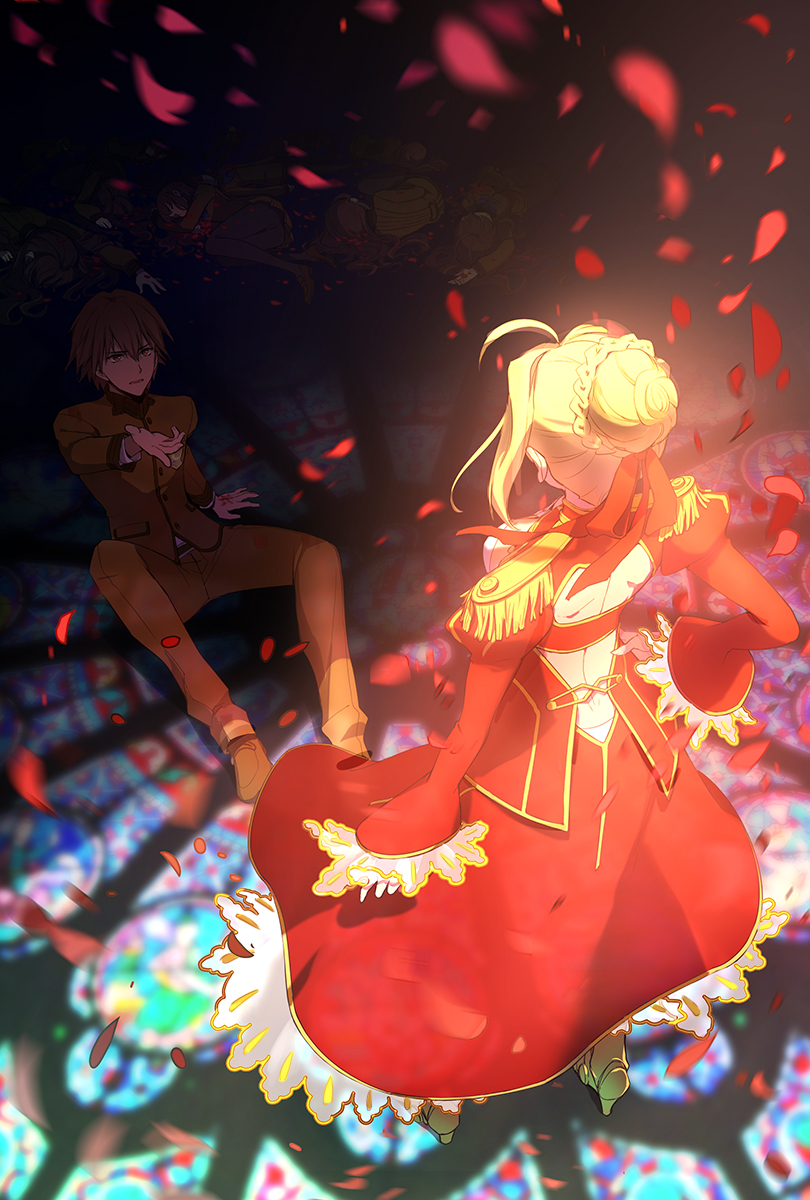 1boy, 1girl, ahoge, blonde_hair, braid, dress, fate/extra, fate_(series)