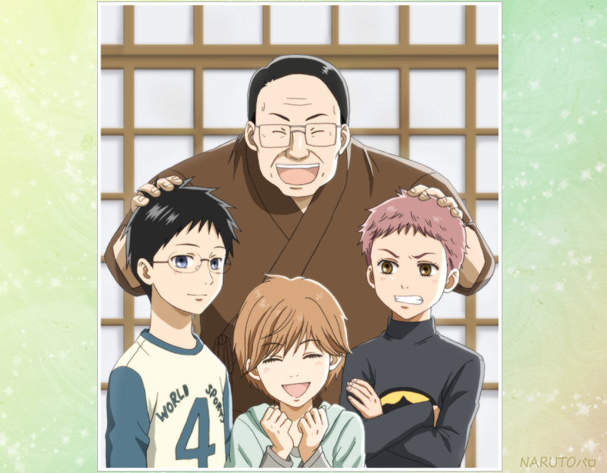 1girl, 3boys, :d, ayase_chihaya, black_hair, blue_eyes, brown_eyes, chihayafuru