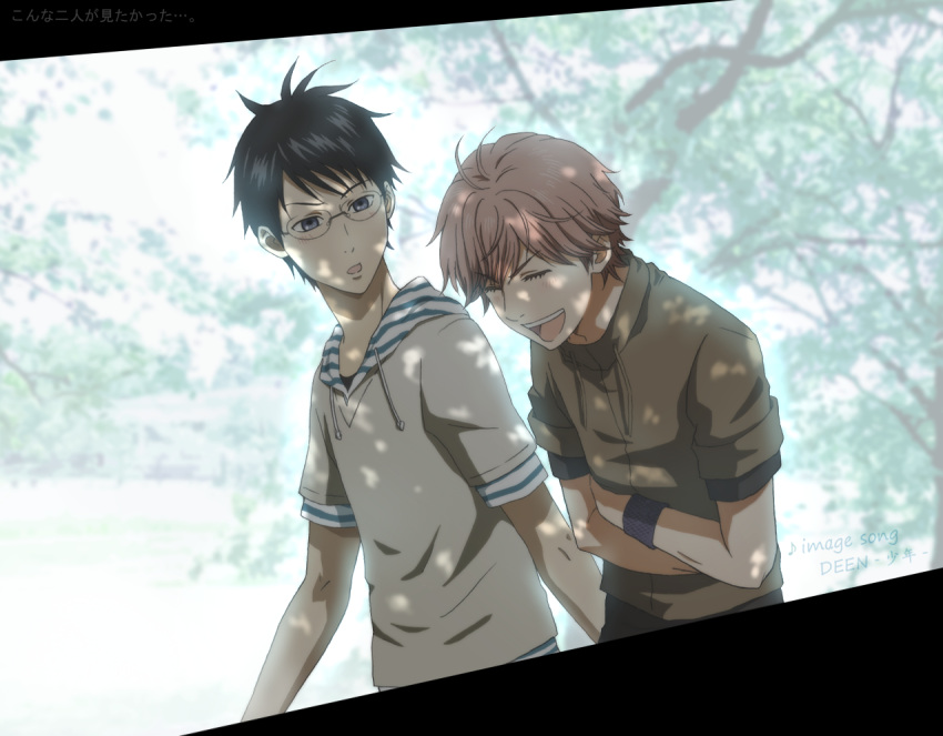 2boys, black_hair, blue_eyes, blurry, blurry_background, brown_hair, chihayafuru, closed_eyes