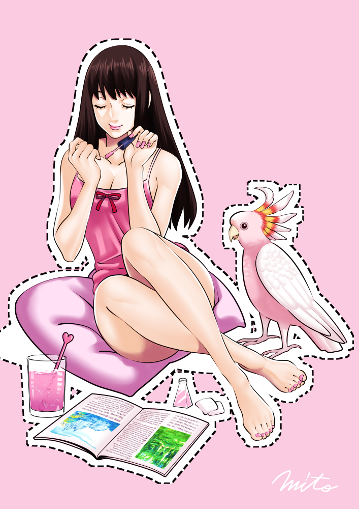 1girl, barefoot, bird, book, breasts, brown_hair, camisole, closed_eyes