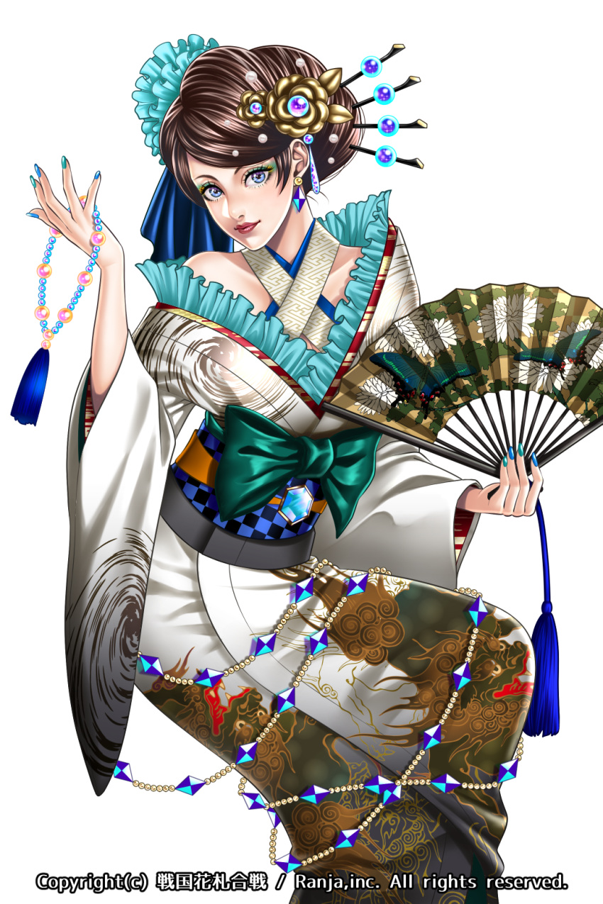 1girl, blue_eyes, blue_nails, brown_hair, dragon_print, earrings, eyeshadow, fan